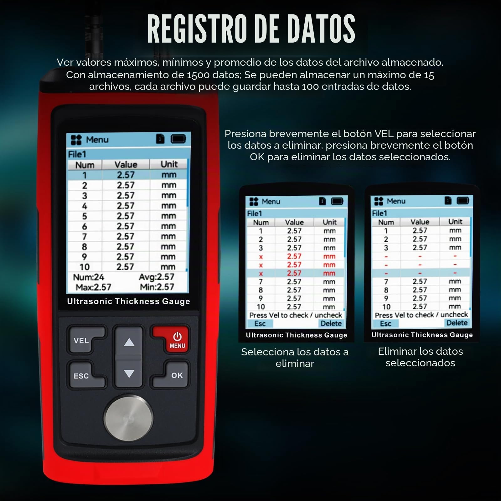 Medidor de espesor ultrasónico de 1.00-300.0 mm, rango de medición de alta precisión, retroiluminación LCD, 1500 datos, velocidades de sonido personalizables para medir metal, acero, cerámica,