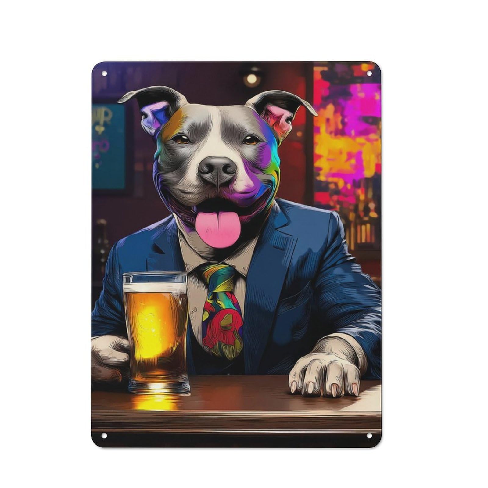Junmoney Colorful Dog In Suit Enjoying Beer Country Vintage Metal Wall Decor 40X30cm, Decorative Tin Sign For Cottage, Kitchen, Hallway Or Breakfast Nook