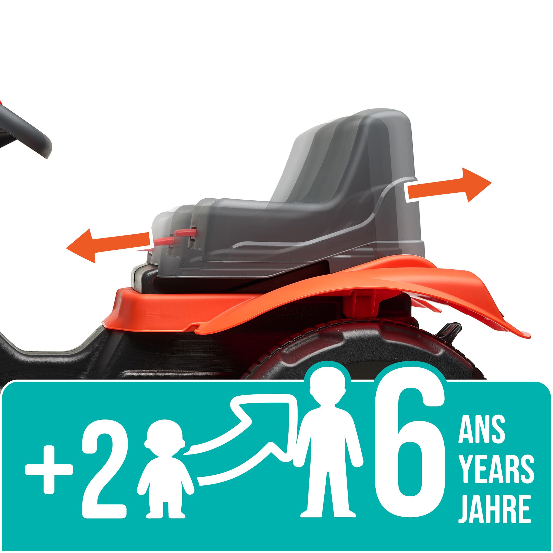 Falk Kubota Traktor mit Pedalen für Kinder, mit Anhänger, ab 2 Jahren | Haube zum Öffnen und verstellbarer Sitz