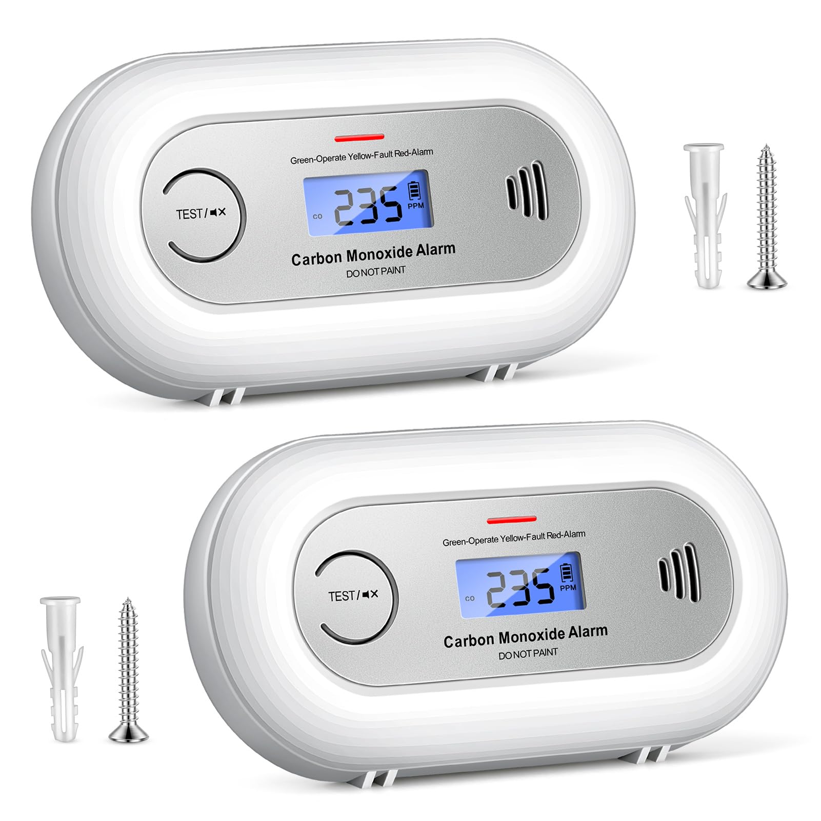 Carbon Monoxide Alarm Detector with 10-Year Battery, Digital LCD Display CO Alarm Detector Portable CO Alarm Battery Powered Carbon Monoxide Detector for Home,Easy to install (2pcs)