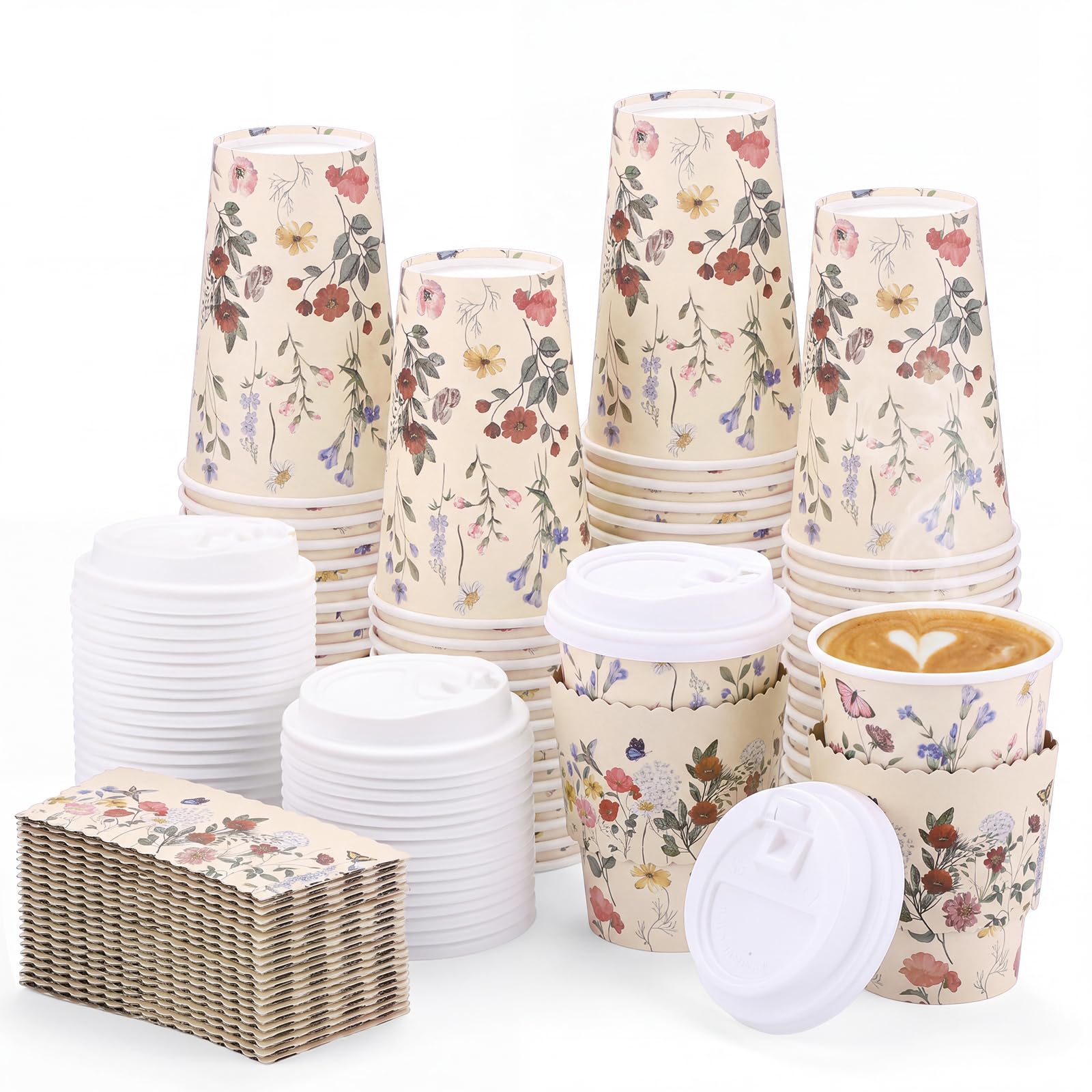 50 Pack Vintage Floral Coffee Cup with Lids Sleeves, Wildflower Paper Cups