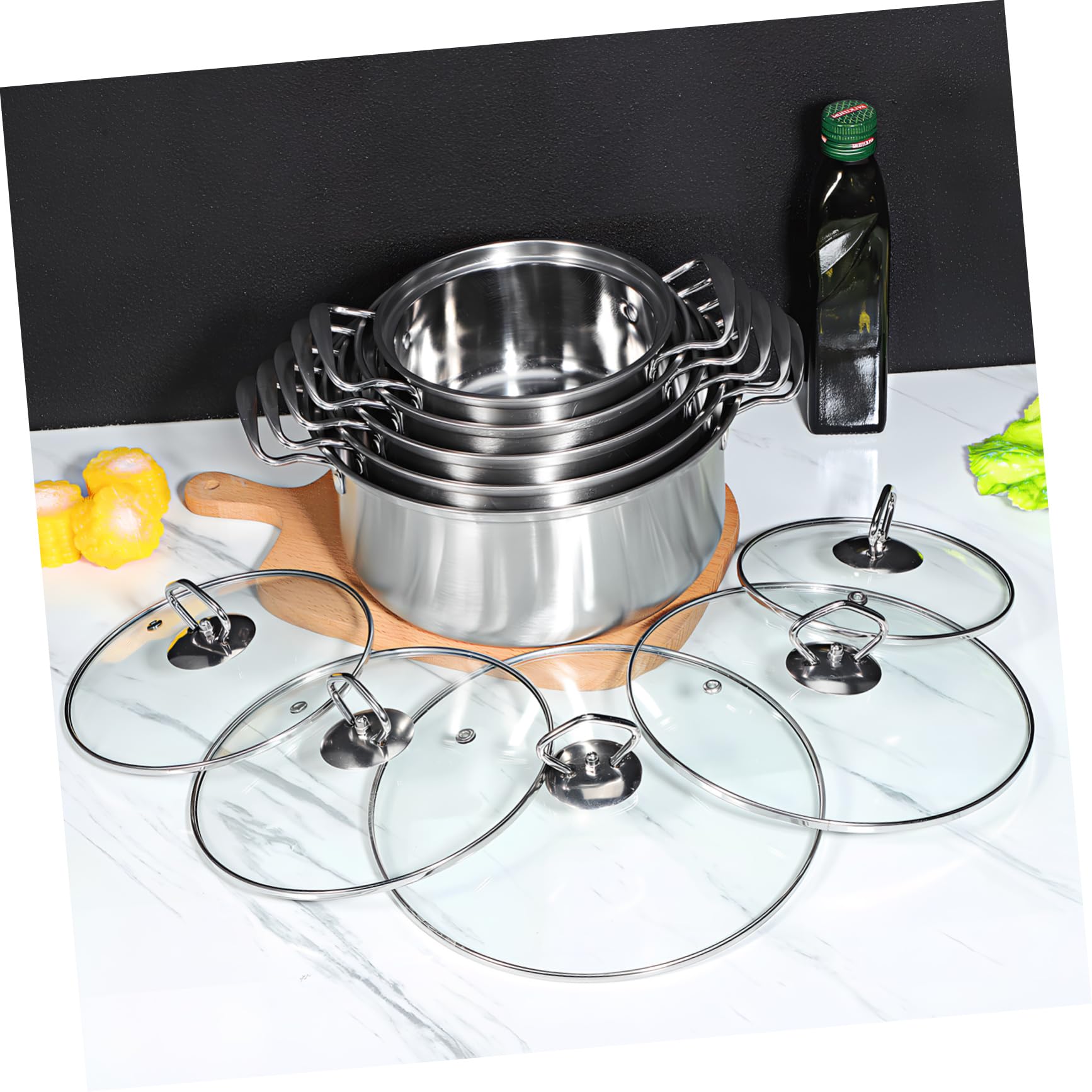 Amosfun 5sets Pentole Acciaio con Doppi Manici e Coperchi in Vetro Temperato Pentole per Induzione Resistenti Graffi e Urti Multiuso per Cucina Professionale e Domestica