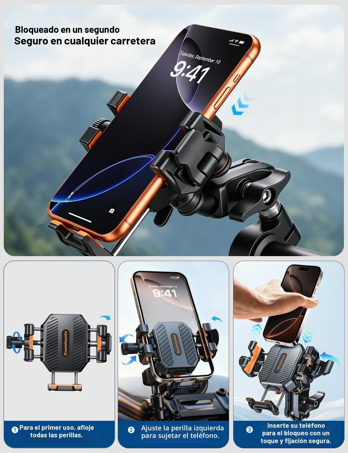 koolehaoda Soporte Móvil Moto con Amortiguador de Vibraciones [Doble Antivibración] Soporte Giratorio de 360° para Motocicleta, Bicicleta, ATV, UTV y Scooter Compatible con 5.4-7.2" Smartphones