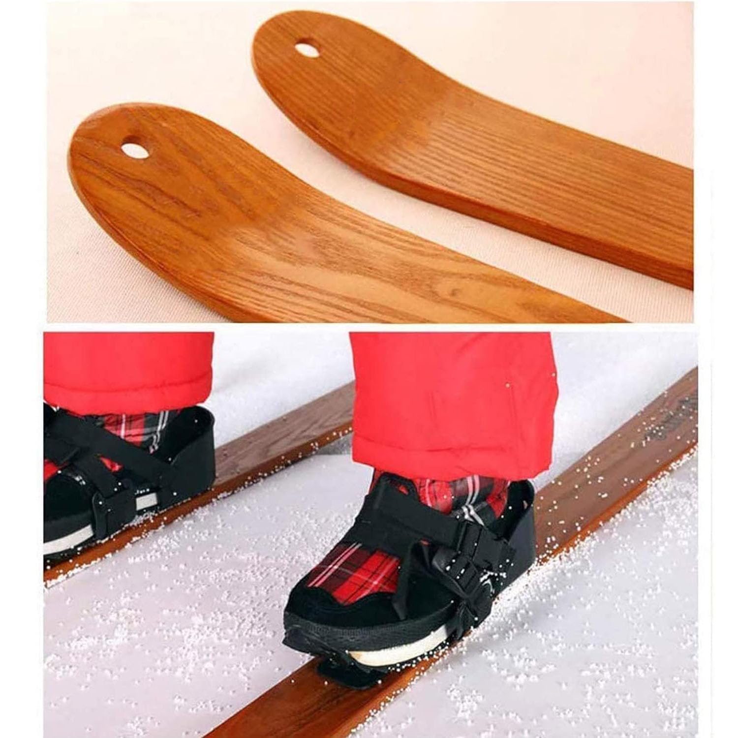 Sci in Legno per Sport all'Aria Aperta, Sci in Legno per Adulti E Bambini, Accessorio per Sport Invernali per Hobby All'aperto con Bastoncini da Neve, Venature del Legno Uniche, per Sci