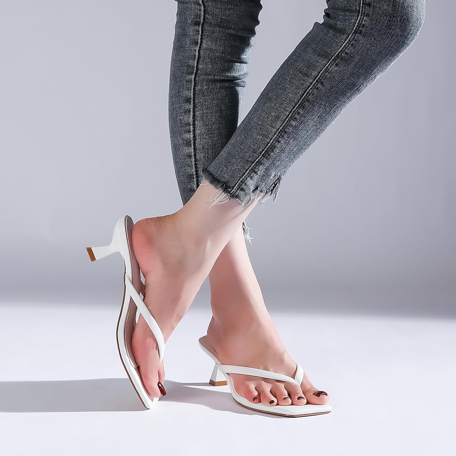 Kitten Flip Flop Thong Low Heels for Women Square Open Toe Slip On Heeled Sandals - Image 6