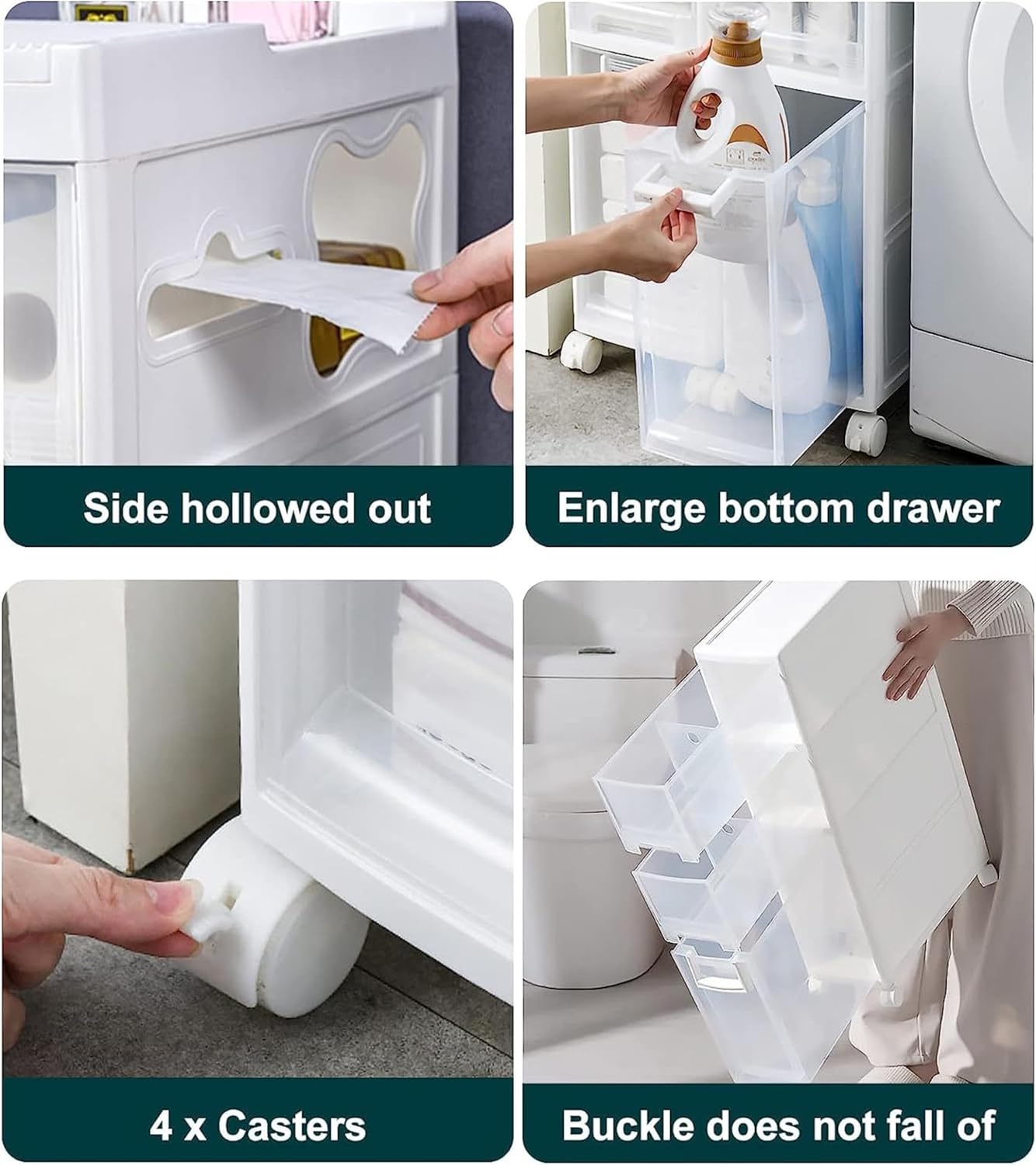 XENITE 16cm Narrow Slim Bathroom Floor Cabinet, Skinny Toilet Paper Storage Cabinet with 4 Plastic Drawers and Casters Large Capacity Vertical Storage Unit for Bathroom, Small Spaces, Gaps