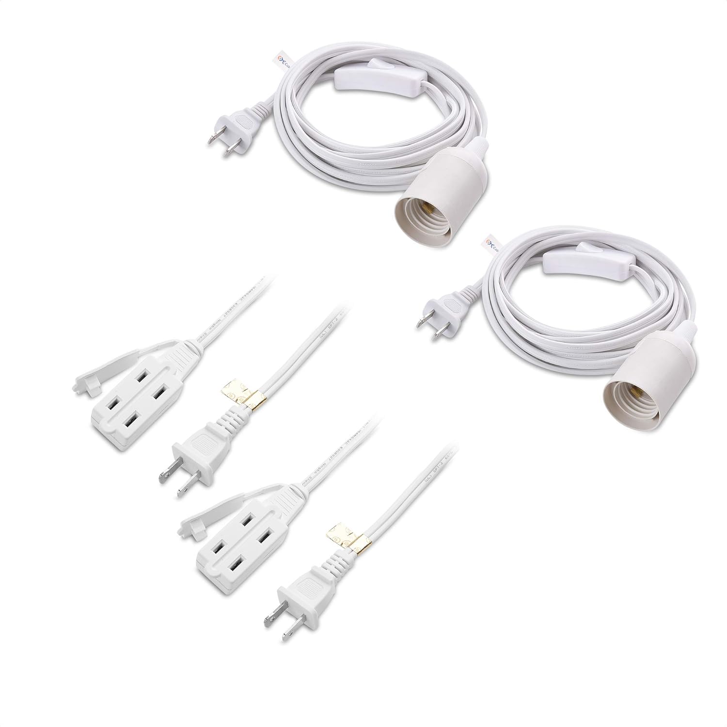 Cable Matters 2-Pack Hanging Light Cord (Light Socket with Cord) with On Off Toggle Switch in White - 15 Feet & 2-Pack 16 AWG 2 Prong Extension Cord - 6 Feet