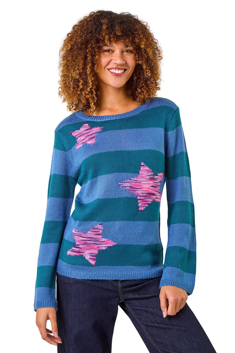 Roman Women's Star Stripe Crew Neck Knit Jumper in Blue | Size: 16