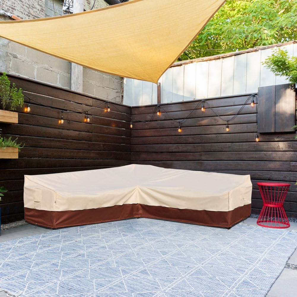 outdoor sectional cover patio furniture covers waterproof rip-stop anti-uv 600d heavy duty couch sofa cover with 3 air vent (beige & reddish brown, v-shaped-105''x105'') beige & reddish brown v-shaped-105''x105''