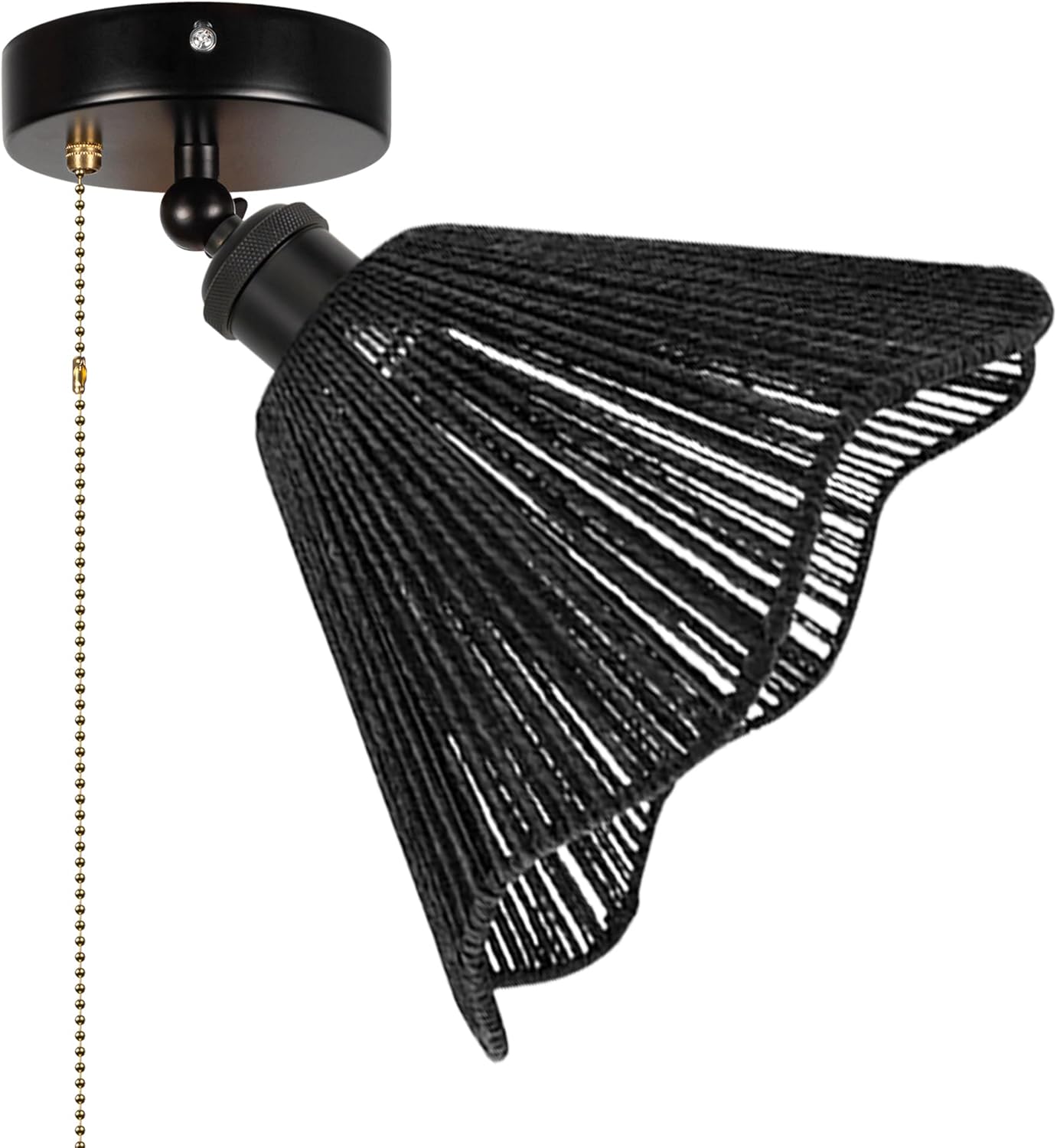 Adjustable Light, Zipper Switch 12V RV Industrial Woven Natural Boho Rattan Bell Shape, E26 Socket Semi Flush Mount Interior Lighting Decorative for RV Camper Hallway