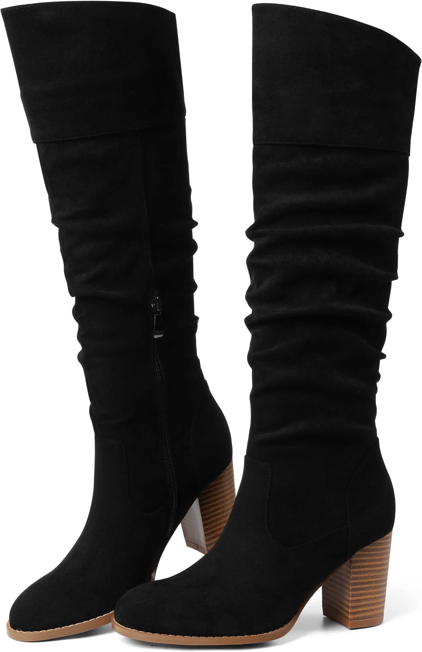 Suede Knee-High Boots Fall Boot For Women Chunky Block High Heel Slouch Fashion Boot Round Toe Side Zipper