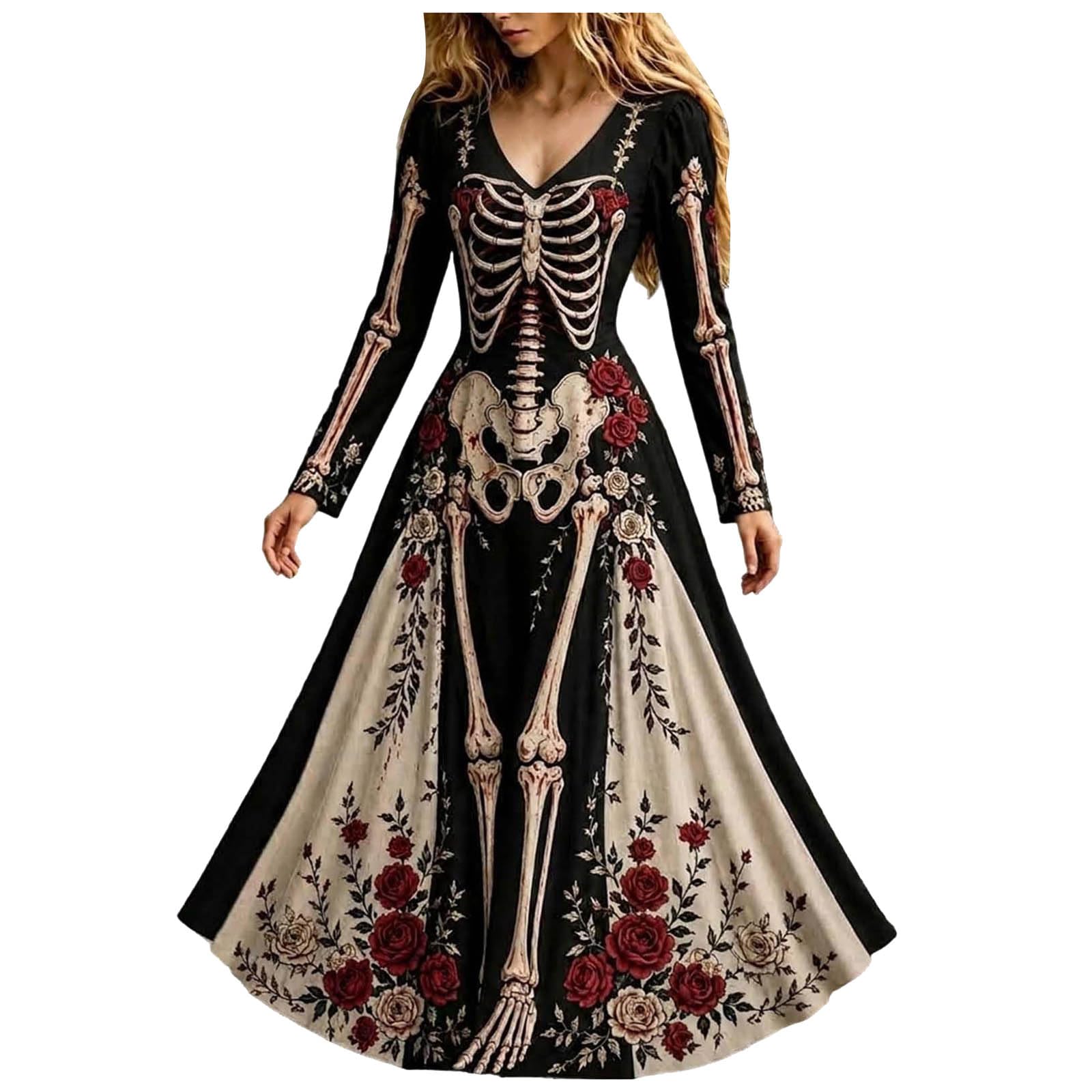 Halloween Dresses for Women UK, Skeleton Rose Maxi Dress, Gothic Costume