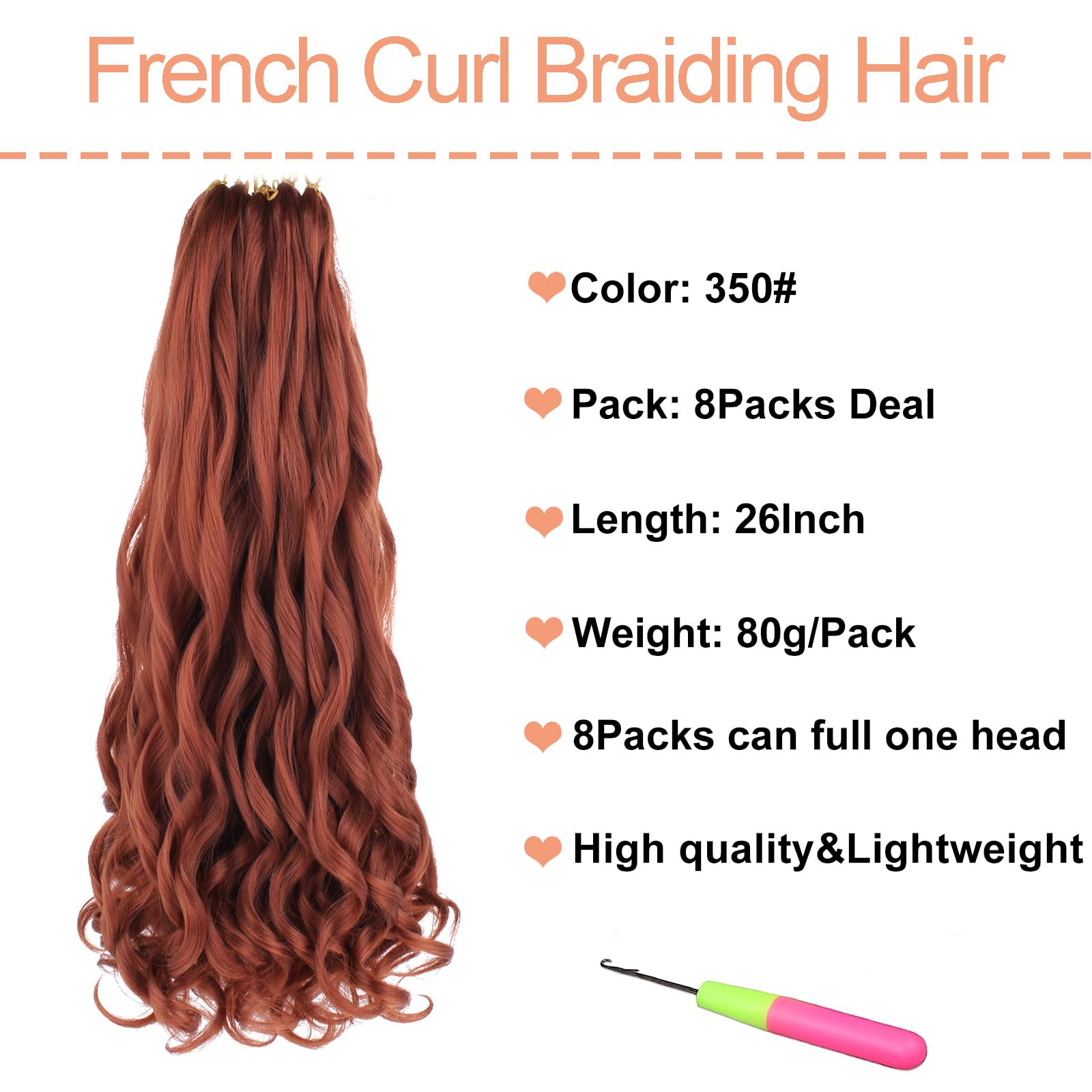 Mscat 26 Inch 8 Packs Pre Stretched French Curly Braiding Hair Loose Wave Bouncy Hair Extensions 350#, 26 Inch (Pack of 8) - Image 2