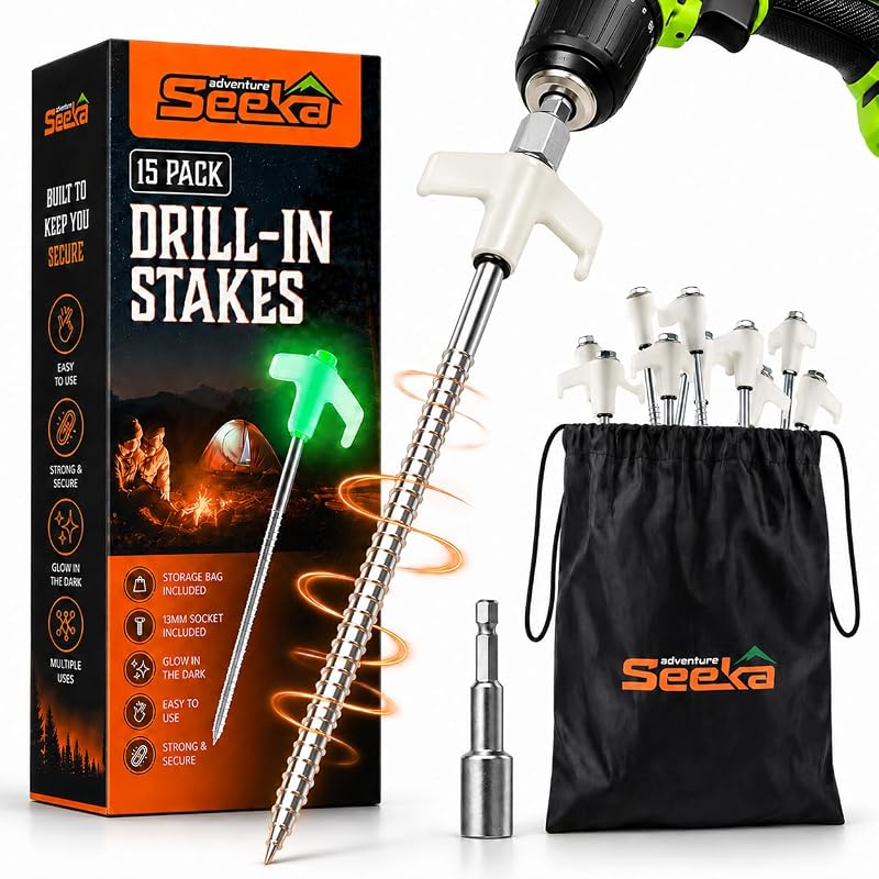 15-Pack 8" Heavy Duty Screw in Tent Stakes, Drill-In Ground Anchor Pegs, Includes Hex Head Driver & Storage Bag