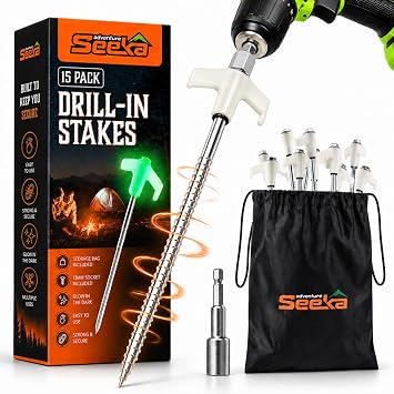 15-Pack 8 Heavy Duty Screw in Tent Stakes, Drill-In Ground Anchor Pegs, Includes Hex Head Driver & Storage Bag