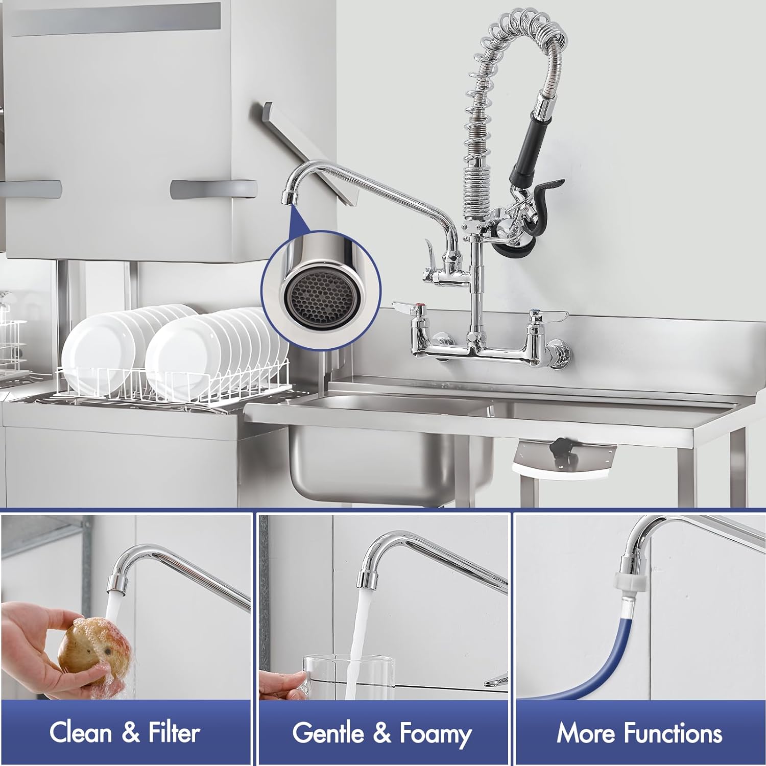 Fapully Kitchen Faucet with Pull Down Sprayer, Commercial 8 Inch Center Wall Mount Kitchen Sink Faucet with Pre-Rinse Sprayer, Chrome 21‘’ Height Commercial Faucets with 10.2'' Add-on Swing Spout