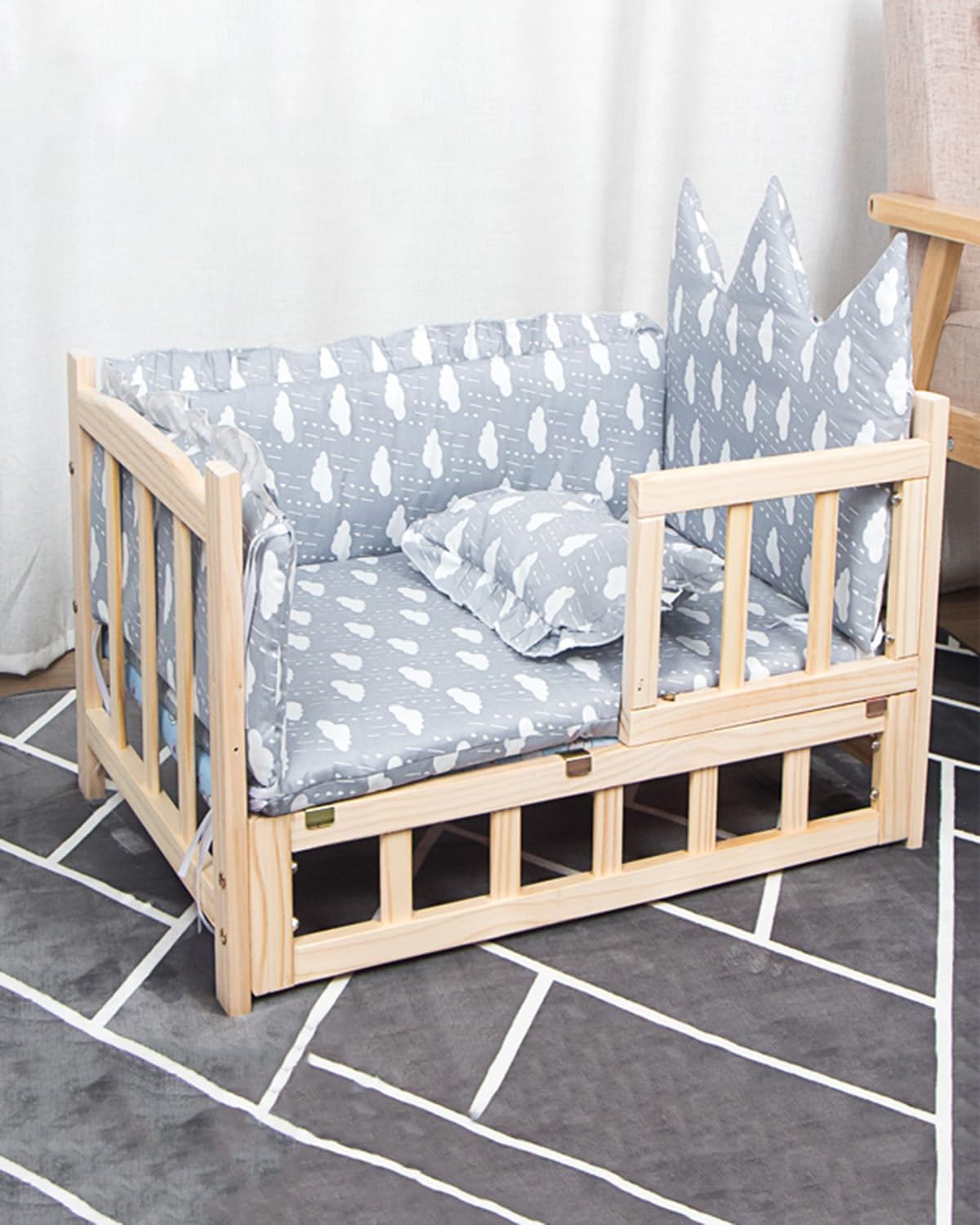 Anti-Slip Wood Raised Dog Bed Off The Ground, Durable Waterproof Pet Cot with Rails, All-Season Cat Furniture Bed for Small/Medium/Large Pets (Color : 1-with Bedding, Size : M-75 * 50 * 42cm) (