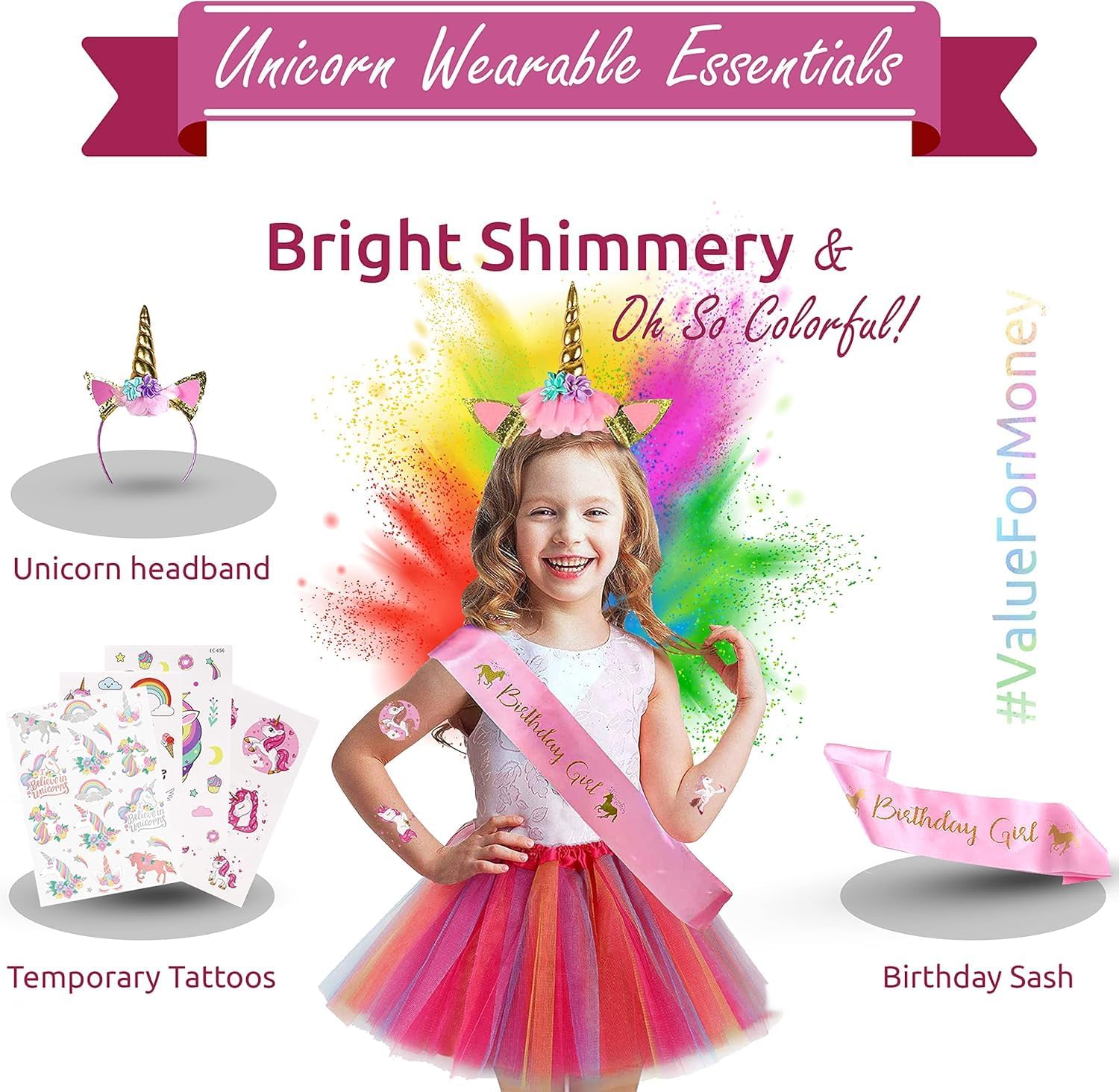 Unicorn Birthday Decorations - Unicorn Party Decorations for Girls Serves 16 Includes Happy Birthday Banner,Napkins,Cake Topper,Headband,Sash & Large Tablecloth for Creating Themed Party - Image 3