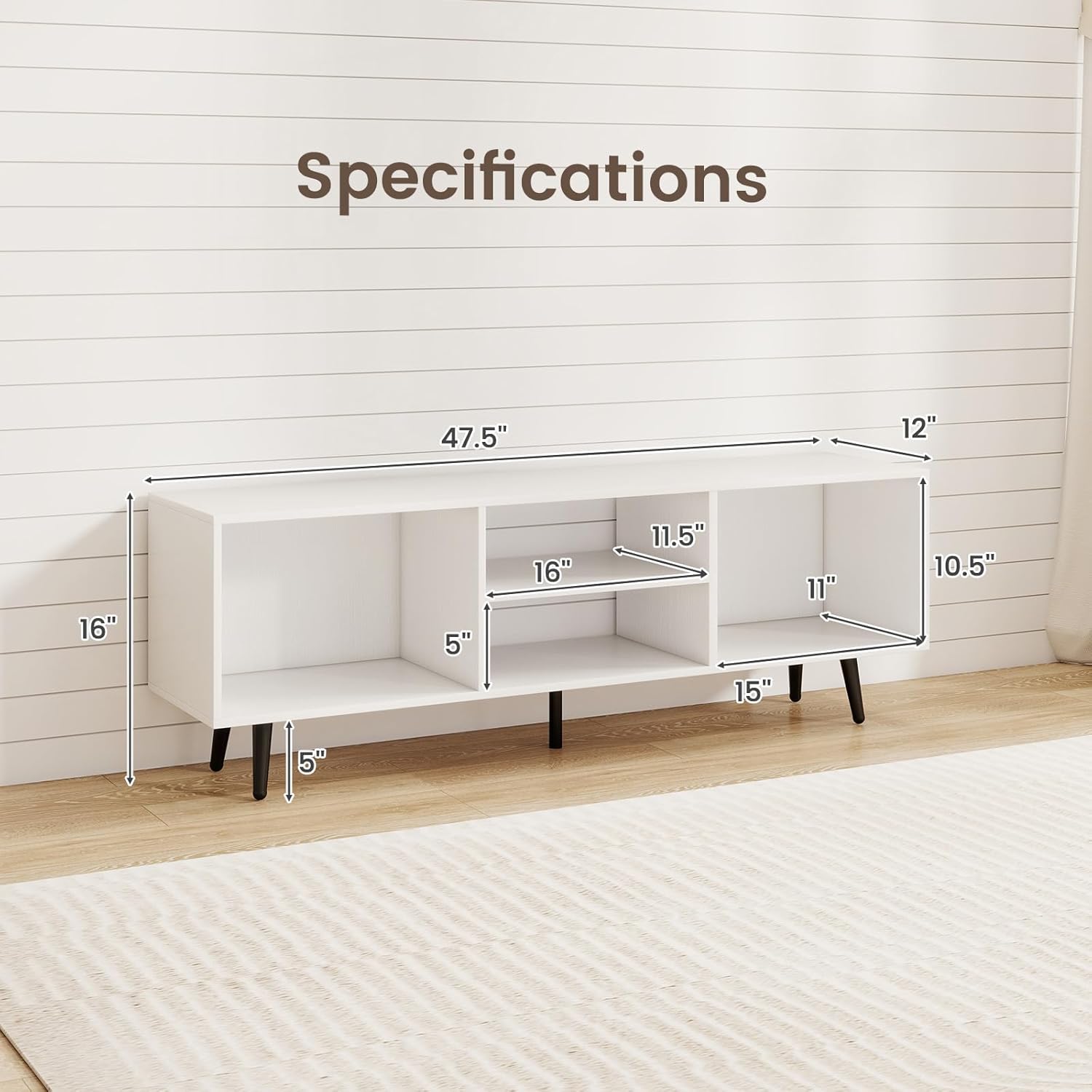 Giantex White TV Stand for TVs up to 55", 47.5" Small Entertainment Center with Storage, Open Shelves & 5 Heavy-Duty Metal Legs, Wood Media Console Table for Living Room, Bedroom