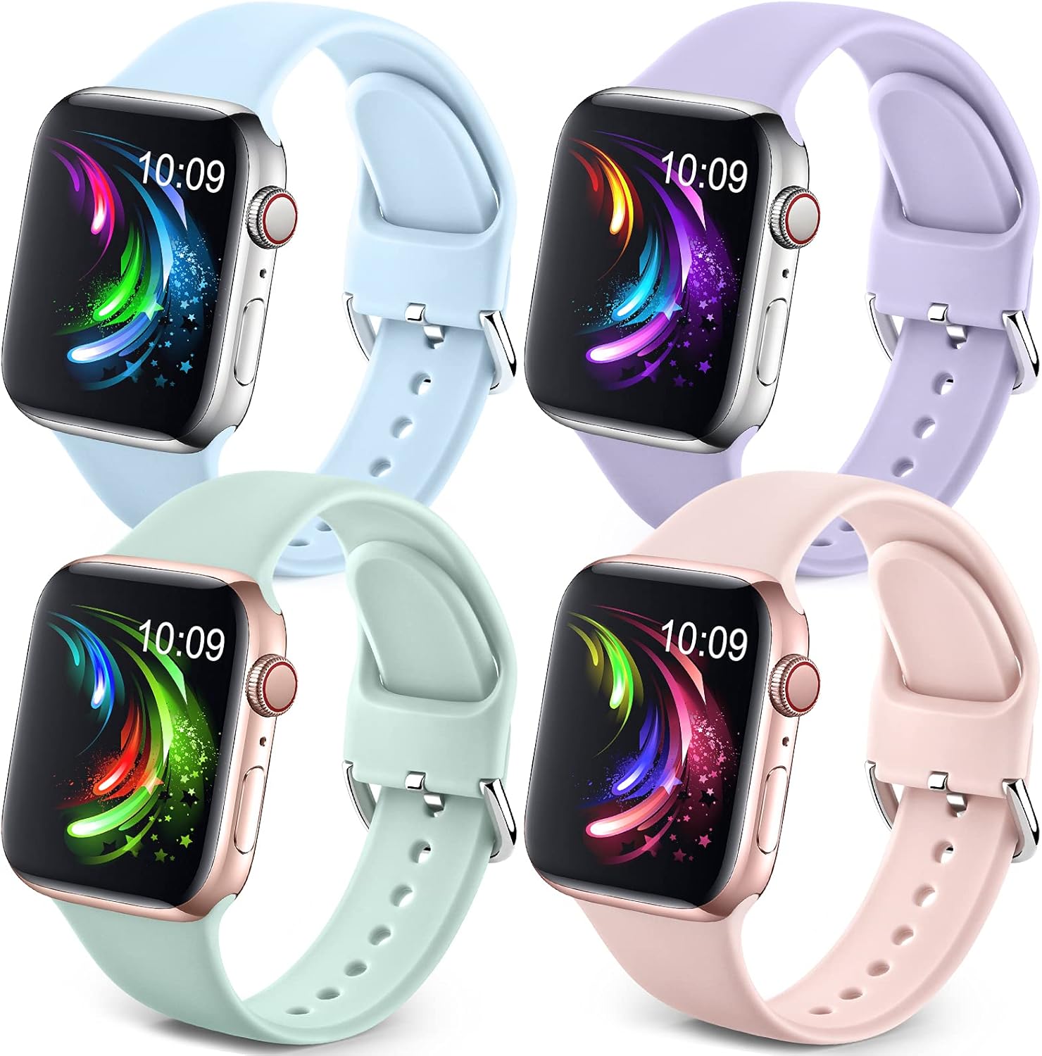 4 Pack Sport Band Compatible with Apple Watch Bands 44mm 42mm 40mm 38mm,Soft Silicone Wristbands Replacement Strap with Stainless Steel Clasp for iWatch Series SE 6 5 4 3 2 1 for Women Men,38/40mm S/M