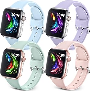4 Pack Sport Band Compatible with Apple Watch Bands 44mm 42mm 40mm 38mm,Soft Silicone Wristbands Replacement Strap with Stainless Steel Clasp for iWatch Series SE 6 5 4 3 2 1 for Women Men,38/40mm S/M