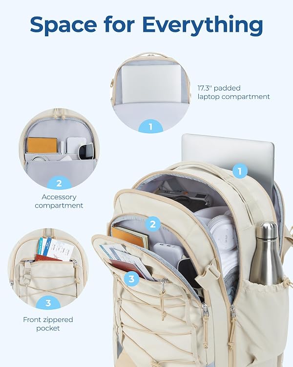 BAGSMART Carry On Travel Backpack, 17 Inch Large Travel backpack Carry On Flight Approved, Anti-theft Personal Item Backpack Travel Bag With Shoe Bag, 30L Water Resistant Casual Daypack, Beige by BAGSMART - Used condition - Image 2