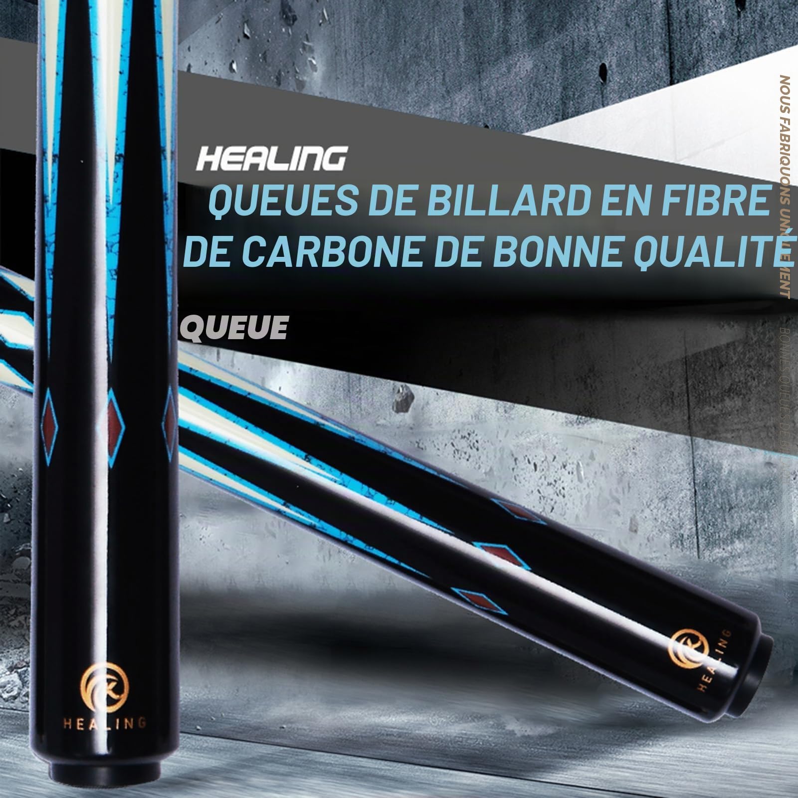OKHEALING Queue de Billard Professionnel en Fibre de Carbone 145 cm, tête de 10,5 mm, 3/4 de Petite tête, Convient à 8 et 9 Boules Noires (Motif Bleu)
