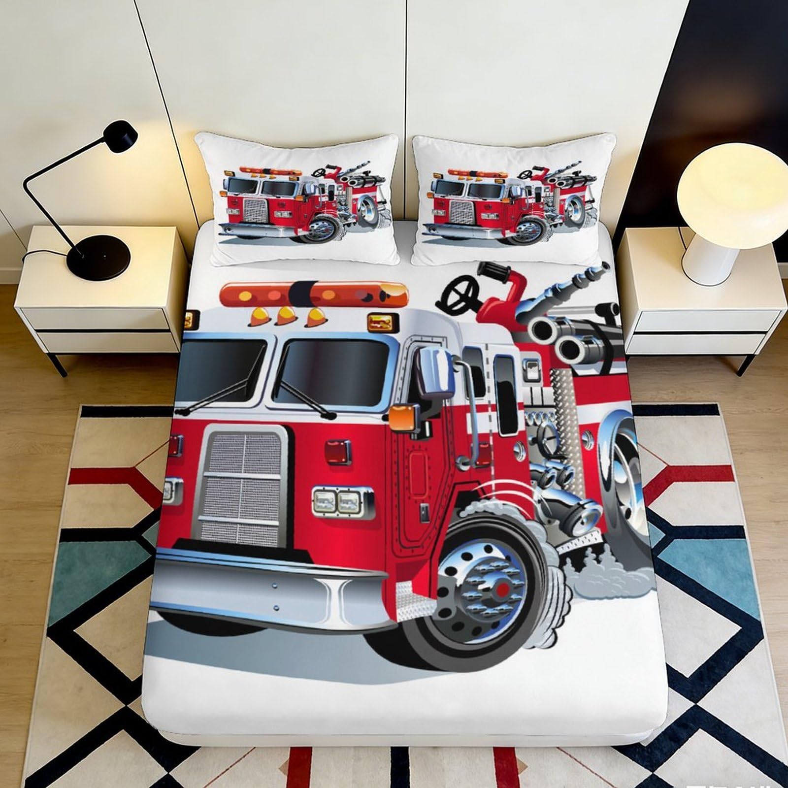 3D Printed Fire Truck Fitted Sheet Microfiber Red Cartoon Vehicle Bed Cover Anti-Slip for Bedroom Guest Room Decor 90x200x25cm