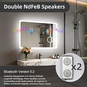 LUVODI LED Bathroom Mirror Rectangle: 32x24 inch Lighted Makeup Vanity with Bluetooth Speaker, Time Display, Magnifier, Anti-Fog, Memory Function, 3 Color Temperature