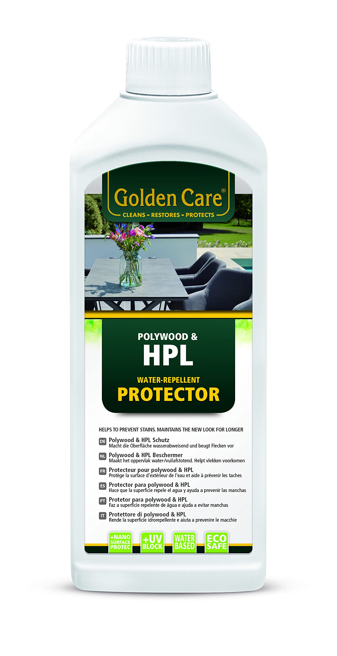 Golden Care Protector para HPL & Polywood (500 ml, protección Transparente Antimanchas, Repelente al Agua y a la Suciedad, Protege el Moho y la formación de Moho) 60042