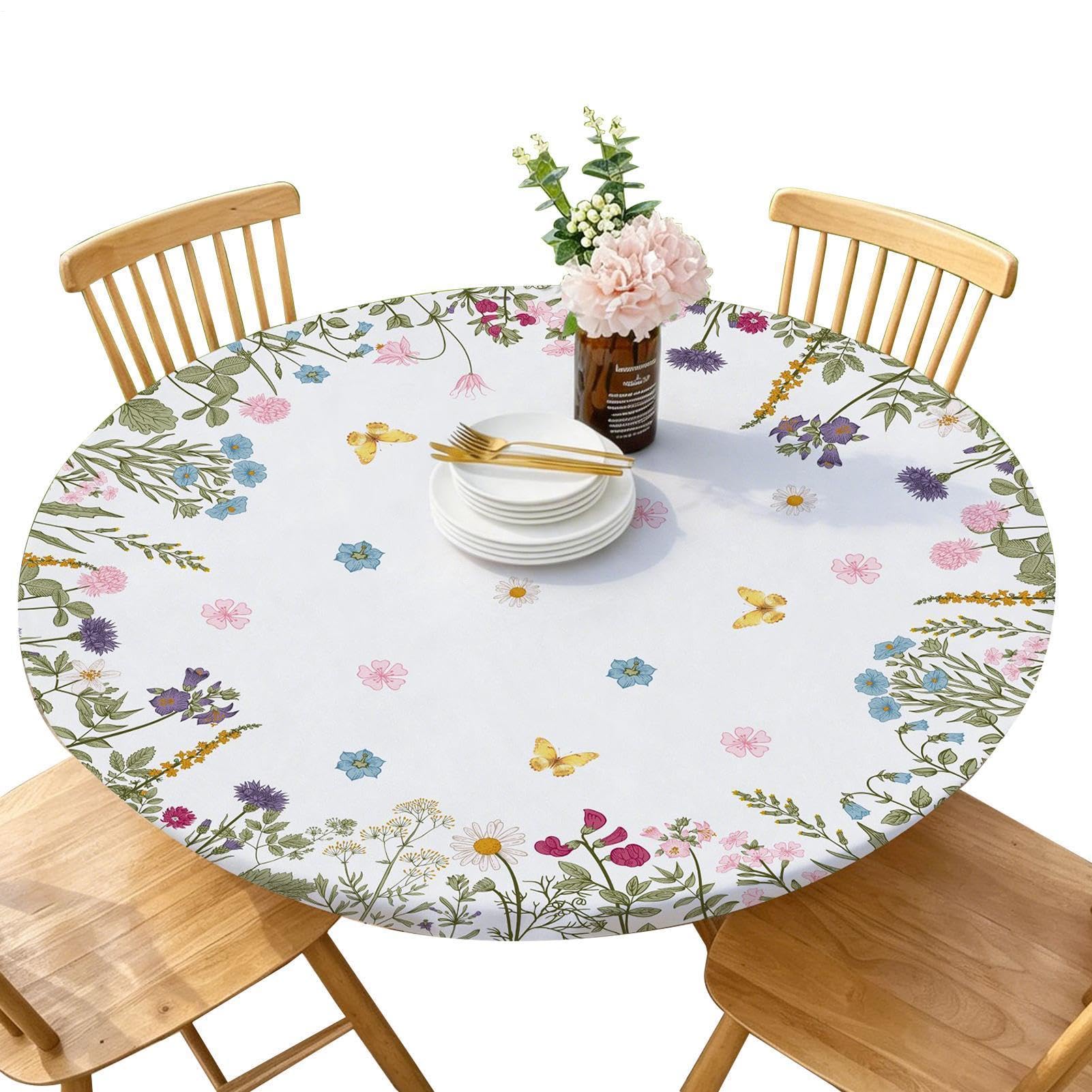 Nappe ronde imprimé floral 120cm anti-tache et anti-vent pour fête