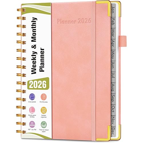 2026 Planner, Hardcover Leather Weekly and Monthly Planner, January 2026 - December 2026, Spiral Yearly Agenda Organizer Book 2026 with Tabs, Daily Calendar Planners for School Work Home, A5 (5.75" x 8.38"), Pink