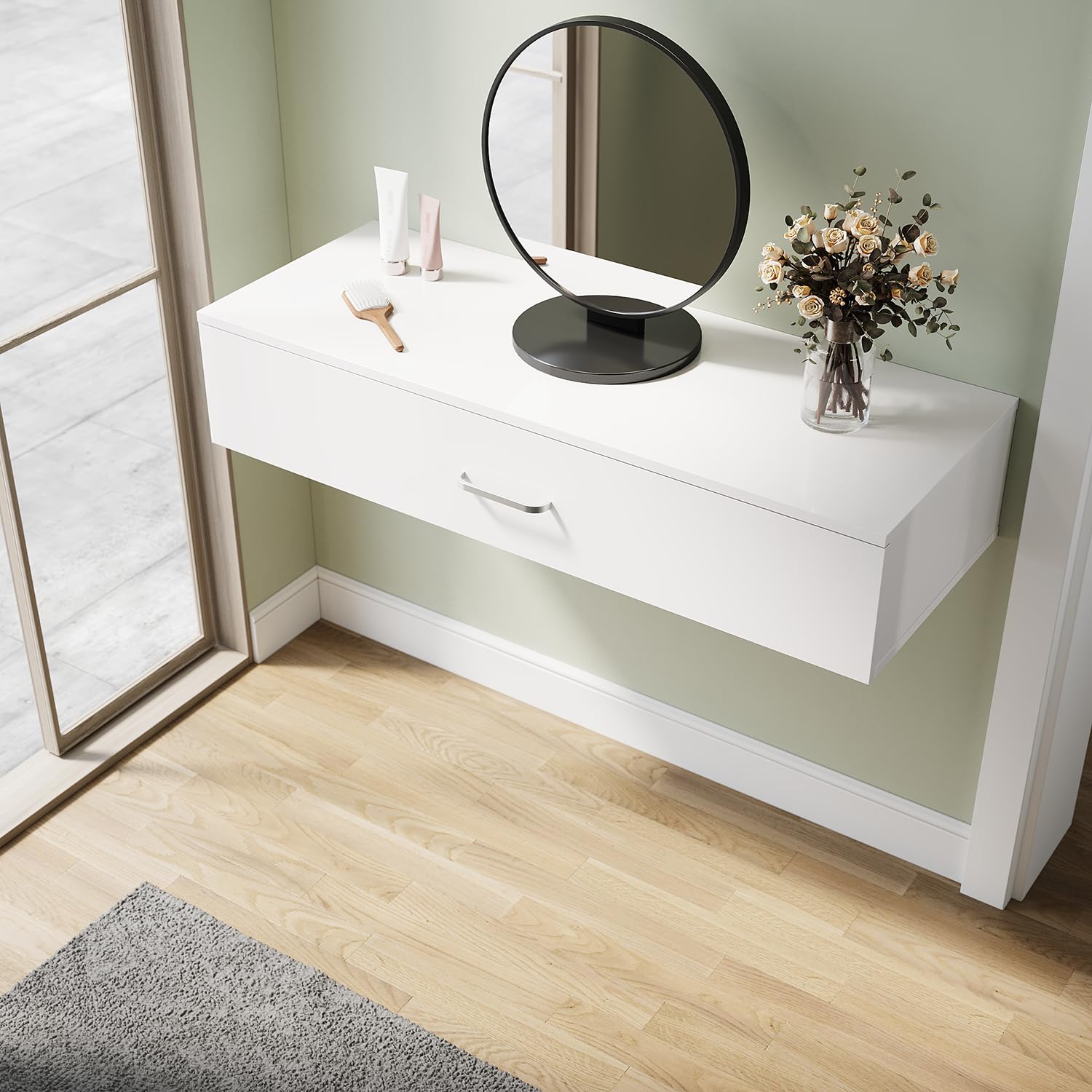 ZANOFIRA Wall Mounted Dressing Table with Large Storage Drawer, White