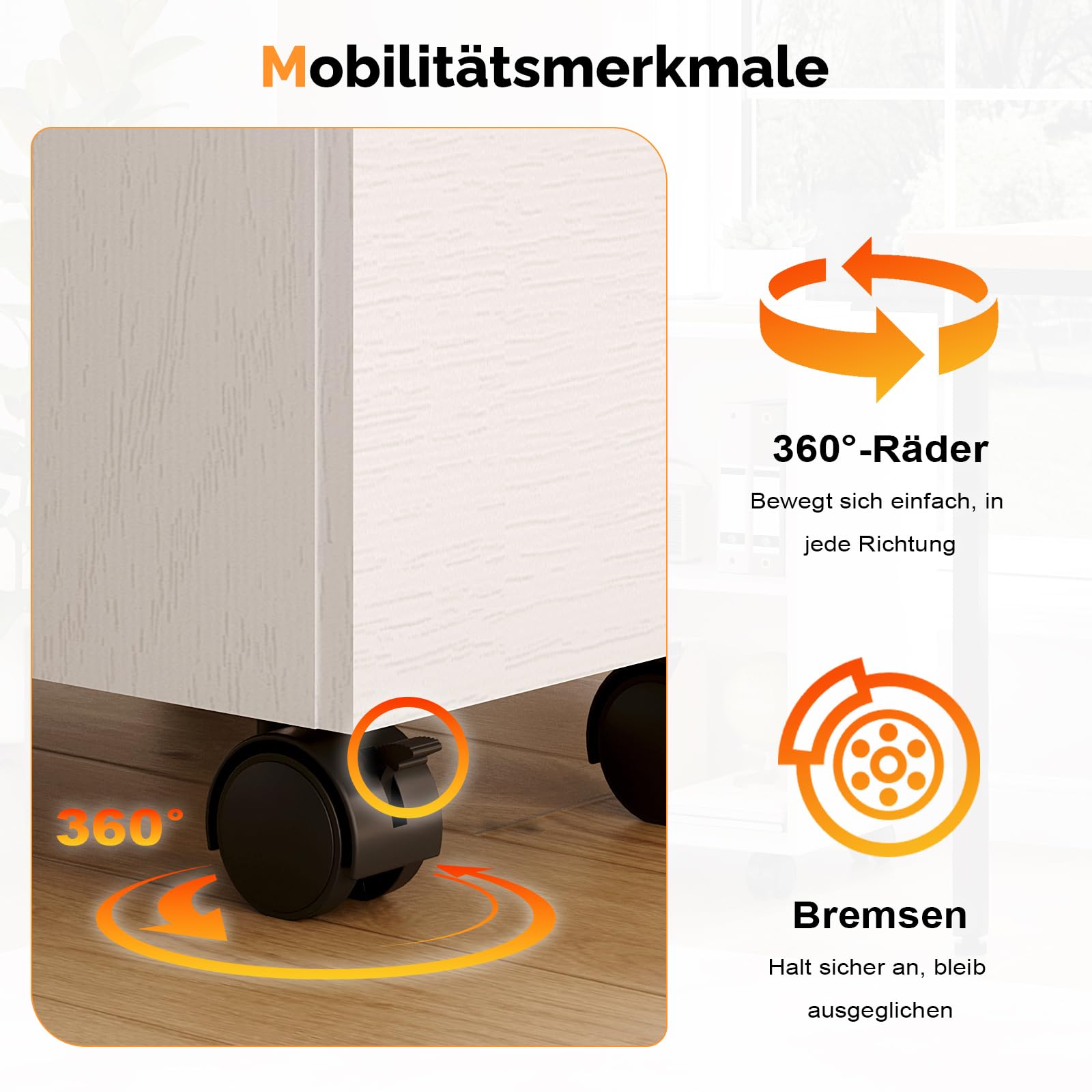 Bonnlo mobiler Aktenschrank 3 Schubladen für Büro, Homeoffice, weiß | Aktenschrank mit Rollen, mobiler Rollcontainer, abschließbarer Büroschrank, Schubladenschrank für A4- und Letter-Formate