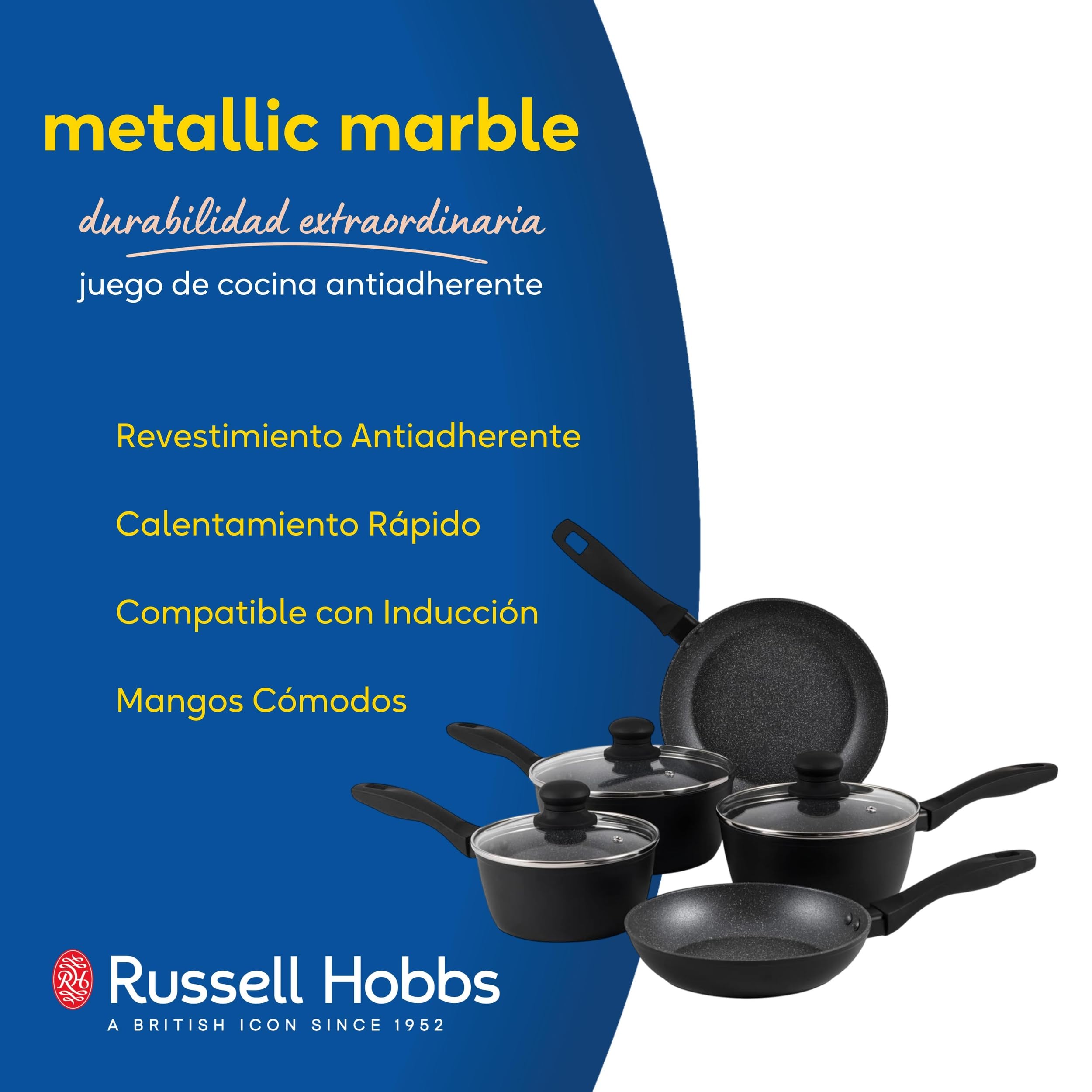 Russell Hobbs Juego de ollas y sartenes RH02814EU7, 5 piezas, sartenes de 20/24 cm y cacerolas de 16/18/20 cm, antiadherentes, inducción, tapas de vidrio, ollas, mármol metalizado, aluminio