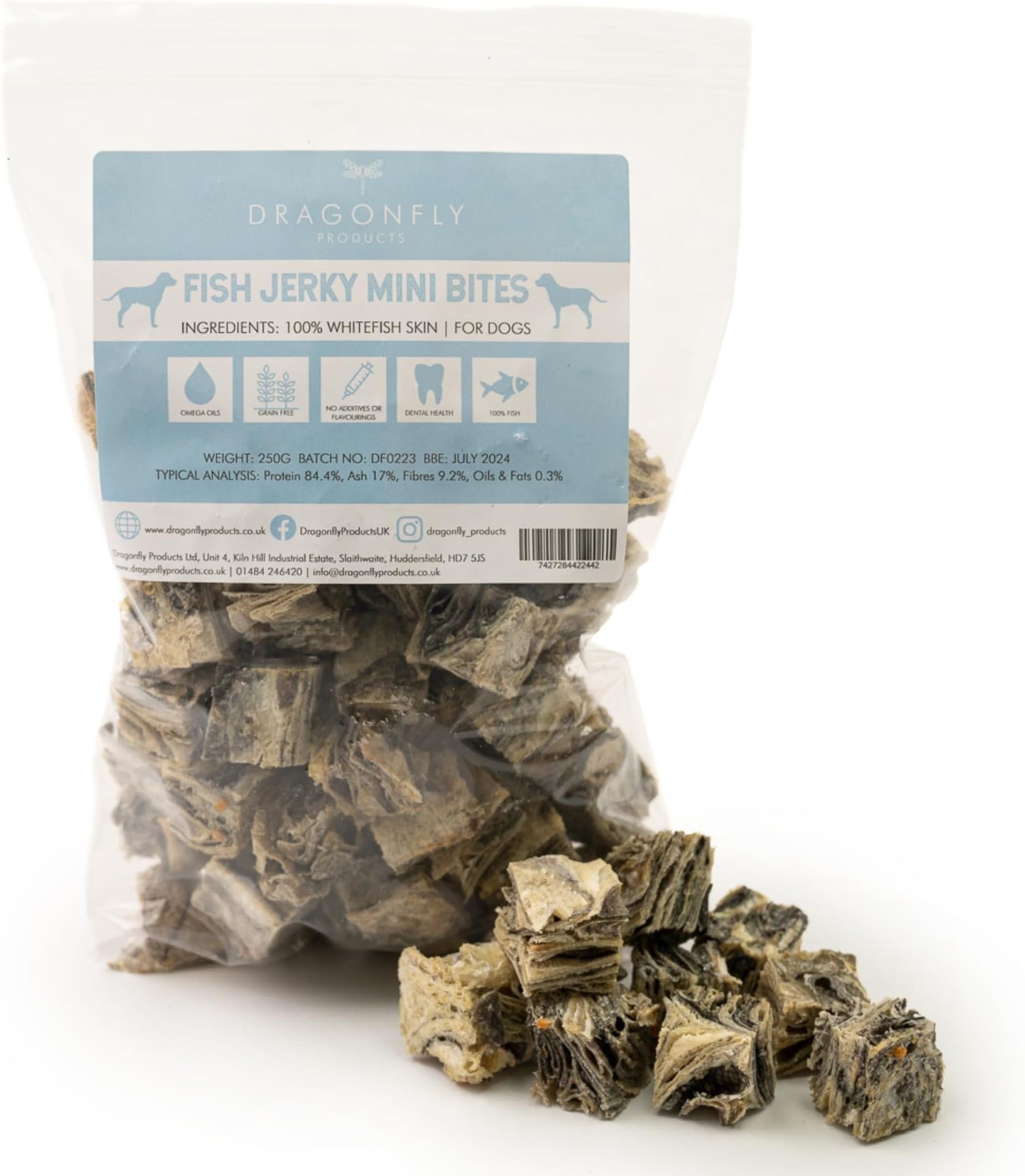 Dragonfly Products Dried Fish Dog Treats | 500g (approx. 120 pieces) | Whitefish Skin Jerky Cubes | Small to Medium Breeds | Natural, Healthy, Grain Free & Low Fat Chew