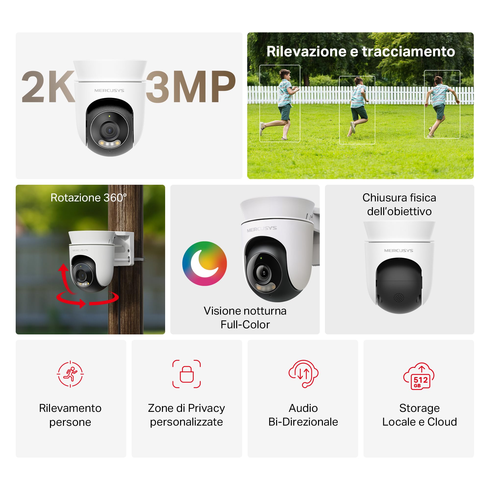 MERCUSYS MC510 Telecamera WiFi Esterno 2K 3MP, Videocamera Sorveglianza 360°, Visione Notturna a Colori, Audio a 2 Vie, Rilevamento di Movimento, Allarme/Notifica, Zona Privacy, Supporta microSD 512GB