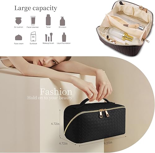 Miniatura 4 de Yooumoga Bolsa de cosméticos de gran capacidad, bolsa organizadora de maquillaje con doble cremallera, bolsa de maquillaje a cuadros de cuero