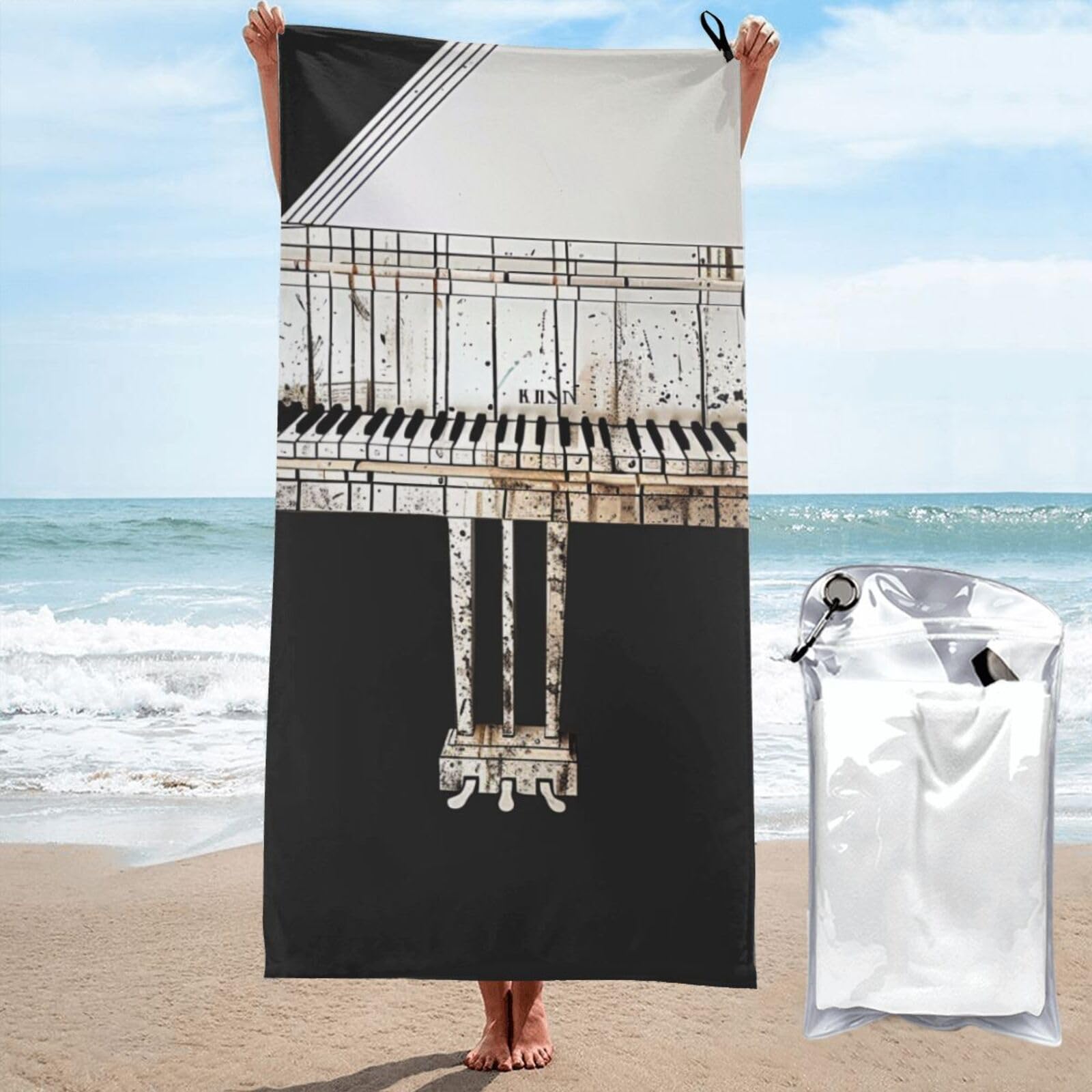 BWWHCCTI Piano Printed Microfiber Quick Dry Beach Towel 80x160 CM, Fast Drying Bath Towels with Bags for Travel,Camping,Gym,Beach,Swimming,Yoga