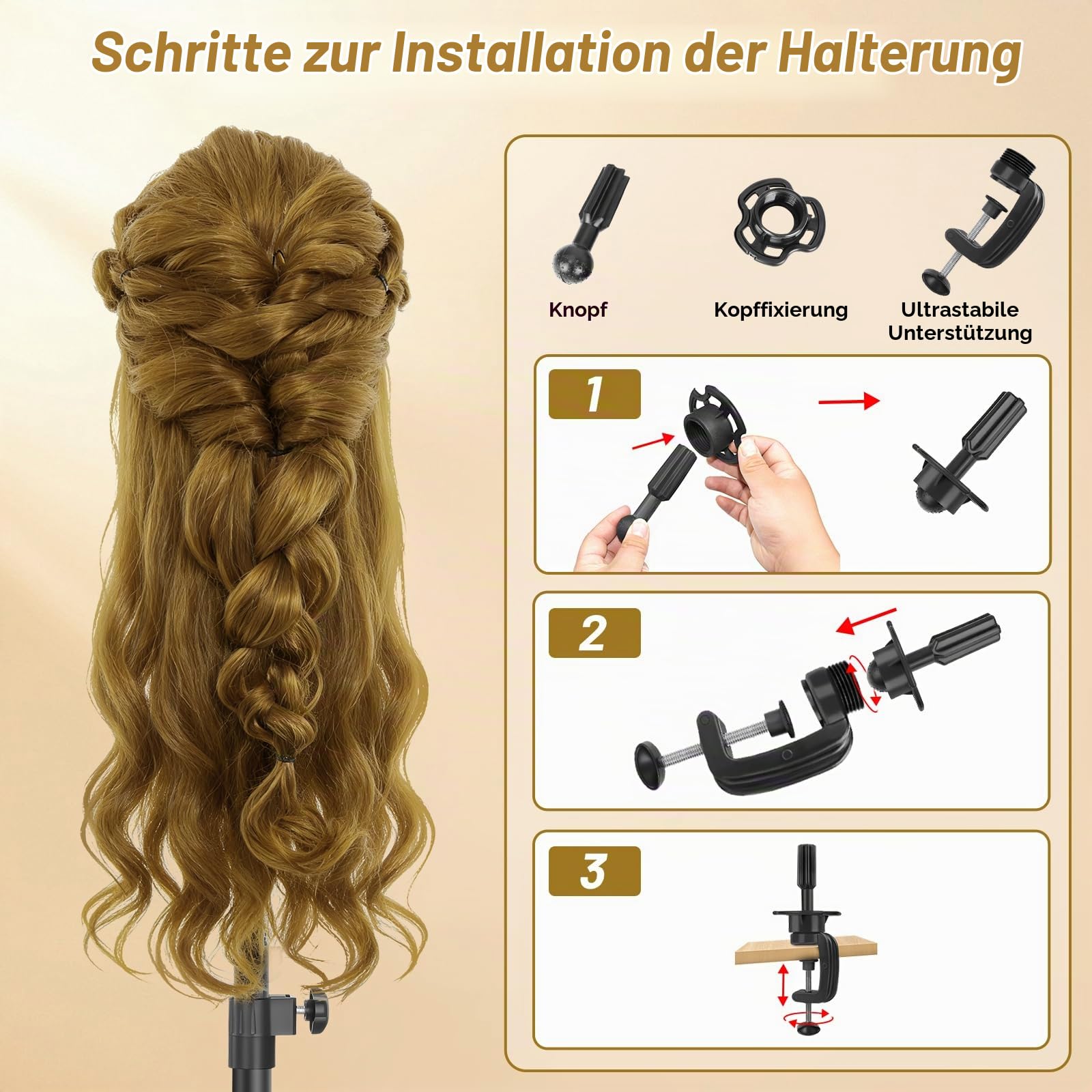 Frisierkopf,80% Puppenkopf Echthaar Blonden Haare,24 Zoll Puppe Übungskopf zum Frisieren,Trainingskopf Friseur Frisuren Puppe mit Tischklemme & Flechtset,Styling Mannequin Kopf für Friseur