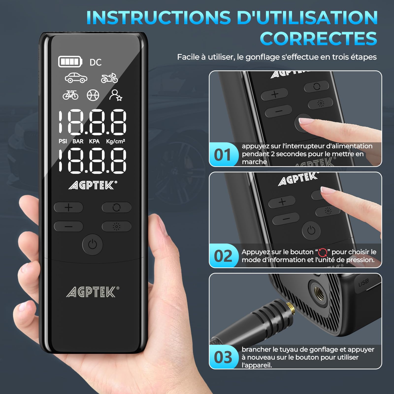 AGPTEK Mini Pompe à Voiture, Mini Compresseur à Air portatif, 7500mAh 12V DC, Portable Gonfleur Electrique pneus Voiture sans fil, 150PSI & 5 modes, LED et Arrêt auto pour les vélos, motos, balles