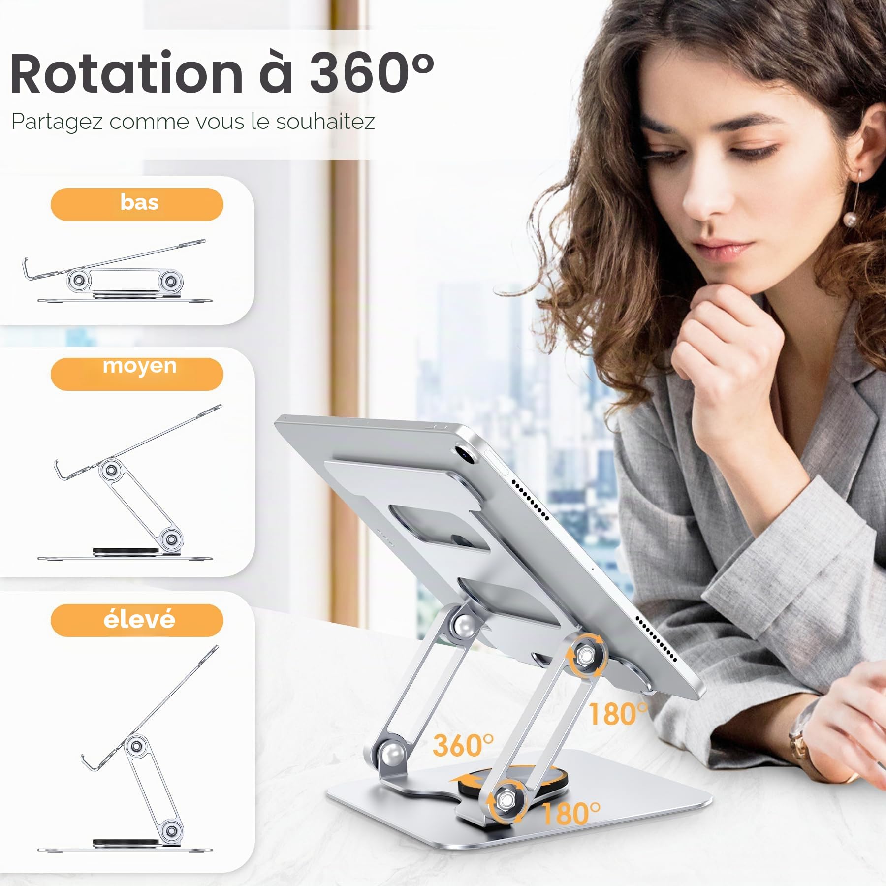 Support pour iPad, Support de Tablette Rotatif à 360°, Support de Moniteur Pliable en Aluminium pour Bureau Compatible avec iPad Pro 10.5, 11, 13, Air Mini 2 3 4 5 6, Samsung Tab(4-13")