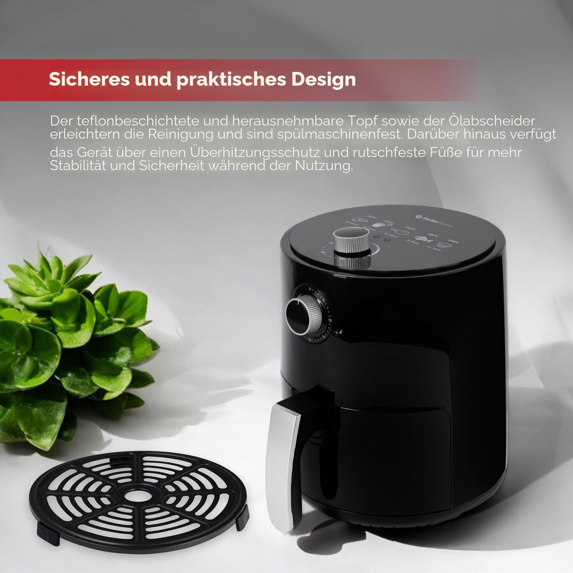 Z SwissHome PETIT - Heißluftfritteuse 2.5L 1200W - Temperatur 80-200°C - Timer 30 Min - Herausnehmbarer Korb - Fritteuse ohne Öl… – Ansicht 4