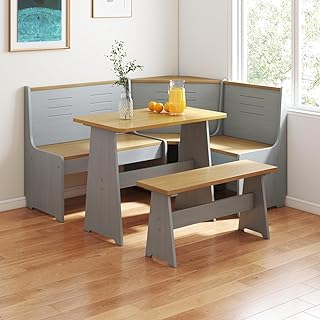 Breakfast Nook Corner L-Shape Kitchen Dining Table Bench Chair Set, Solid Wood,Space-Saving 3-4 Seat for Family Home Grey Wood