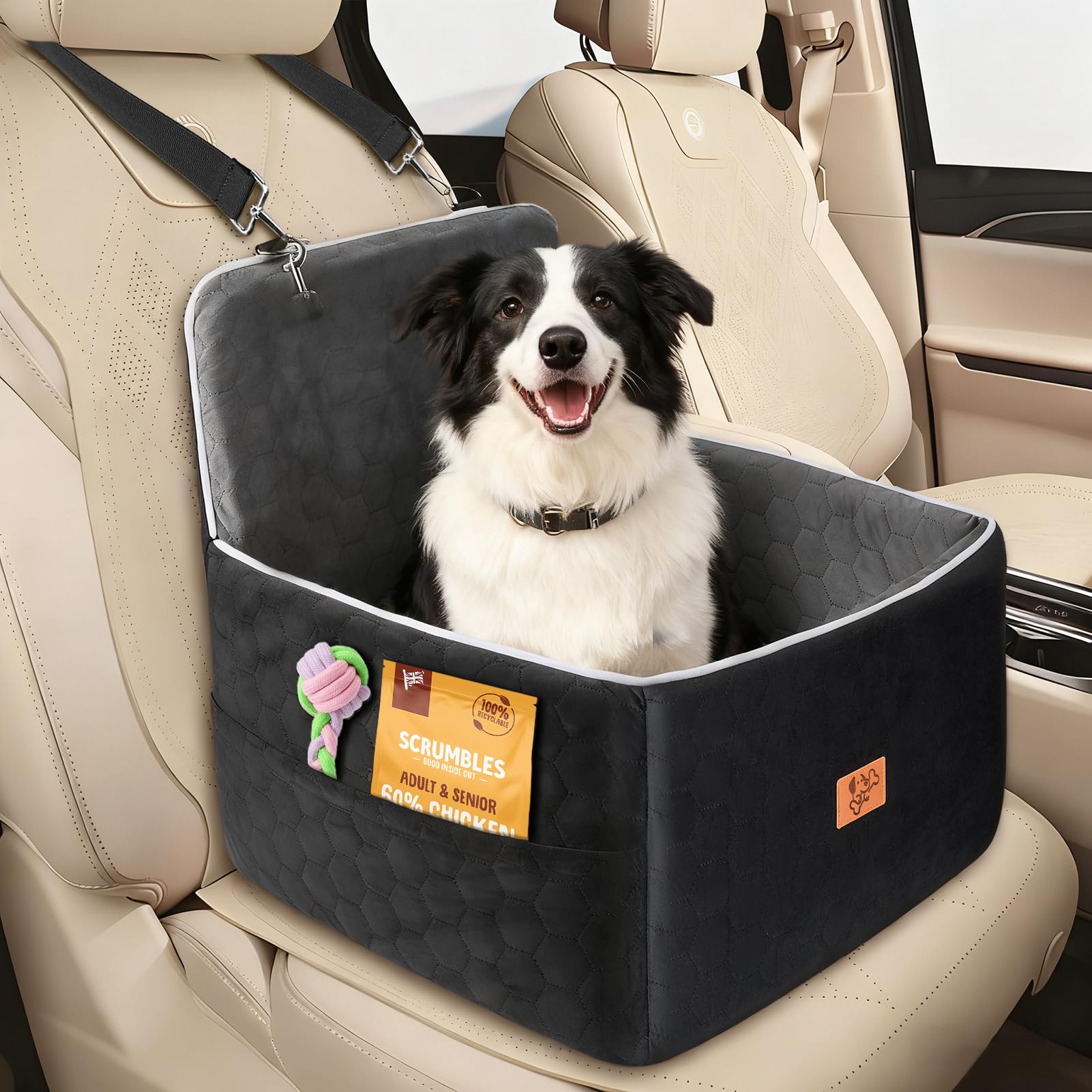 Asiento Perro Coche, Extra Estable Cama Perro Coche con Espuma Viscoelástica, Funda Lavable y Cinturón de Seguridad, Asiento Coche Perros para Medianos y Pequeños de hasta 13.6 kg, 52x52x50cm - 2