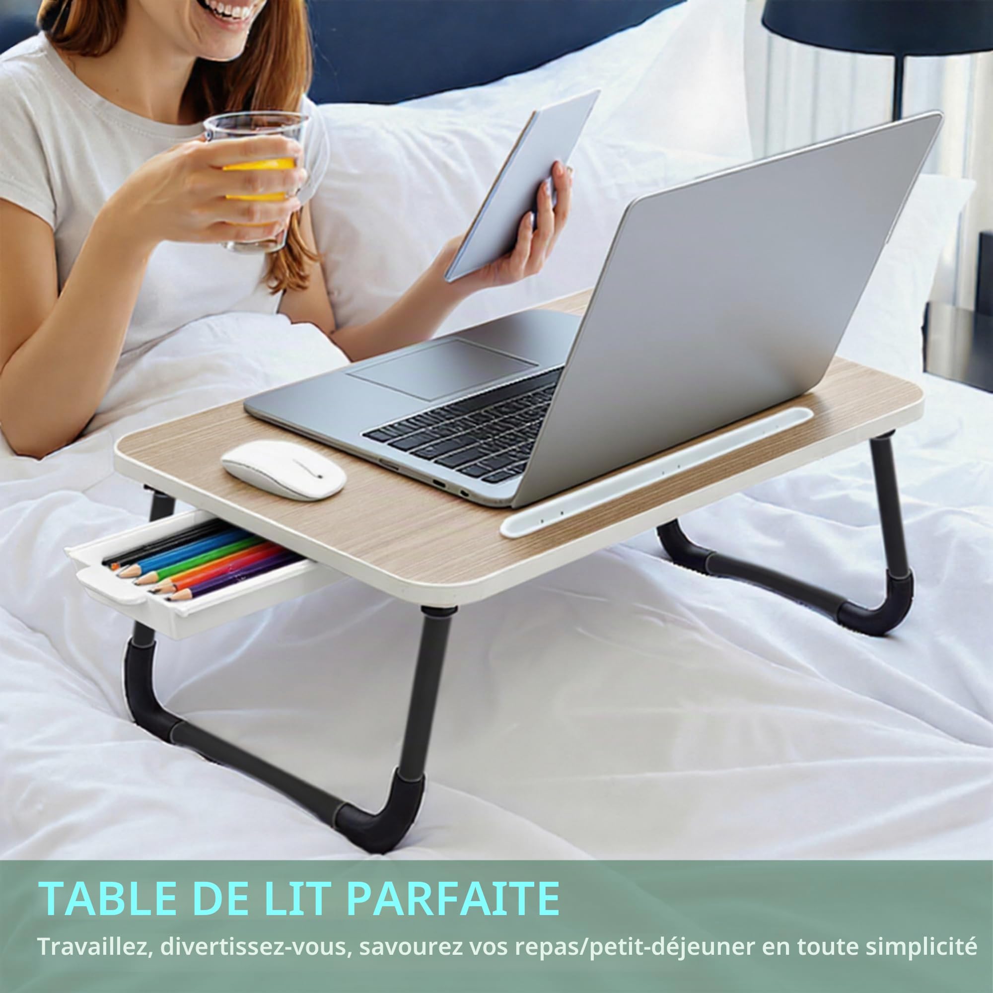 Table de lit - Petit Bureau de Genou 48 x 30 cm pour Petit-déjeuner au lit, études, Travail de Bureau, Jeux, écriture et Lecture. Table Plateau Support d'ordinateur Portable (Small Wood 48x30)