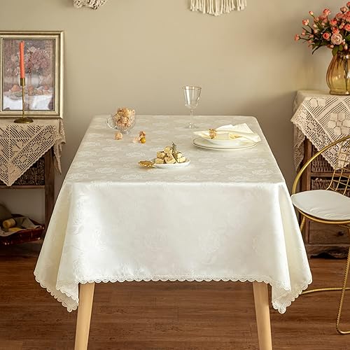 Miniatura 5 de GLORY SEASON Mantel texturizado, impermeable, a prueba de derrames, con ribete de encaje, rectangular, de tela de damasco, para boda, cocina,