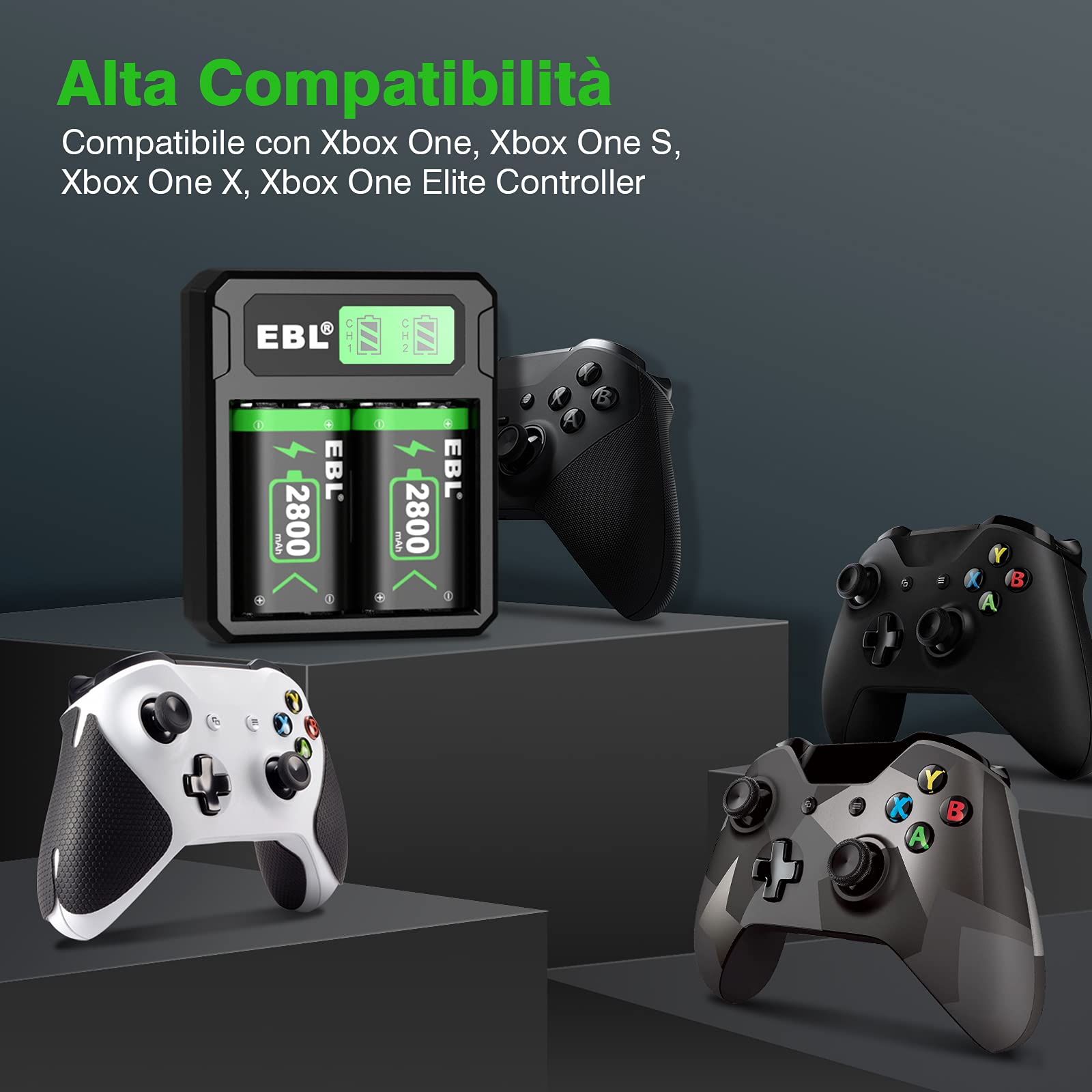 EBL 2800mAh Set Batteria Pile Caricabatterie Adatta per Xbox One, Xbox One S, Xbox One X, Xbox One Elite Controller