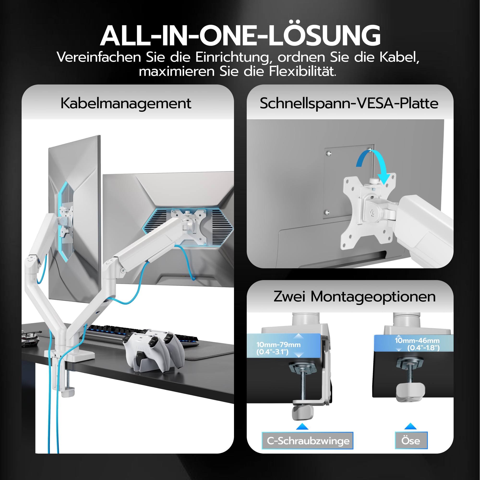 ARES WING Dual Monitorarm für 2 Monitore 17-35 Zoll, USB-A/C, Weiß | Dual Monitorarm mit 2-12 kg Tragkraft, Monitorarm mit Kabelmanagement – Neig-/Schwenk-/Drehbar, VESA 75/100 mm