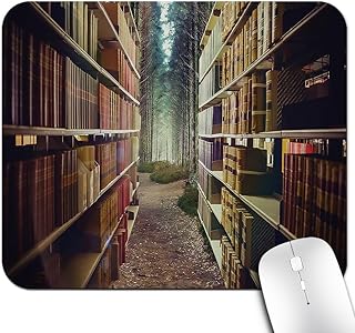 Vintage Bookshelf Mouse Pad, Digital Illustration of Abstract Design Library in Forest Academic Themed Mouse Pads